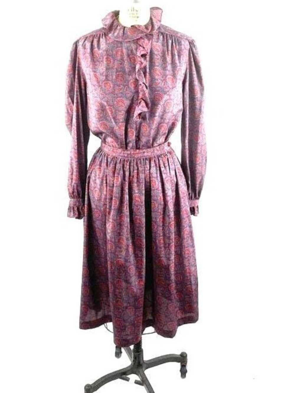 1980s Paisley blouse and skirt set with ruffled high neck and puff sleeves  by p